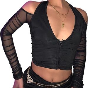 Lancifolium Women’s Halter Long Sleeve Crop Top Y2k Deep V Neck T Shirts